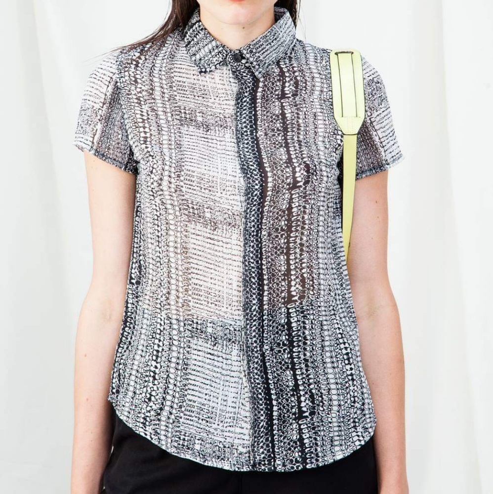 Semi sheer silk abstract button top